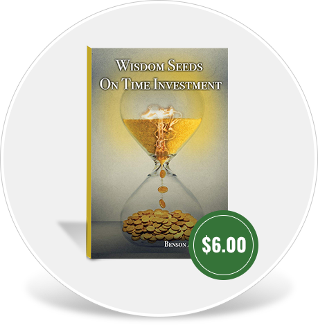 Book cover of 'Wisdom Seeds On Time Investment' with hourglass and coins, $6.00 price tag